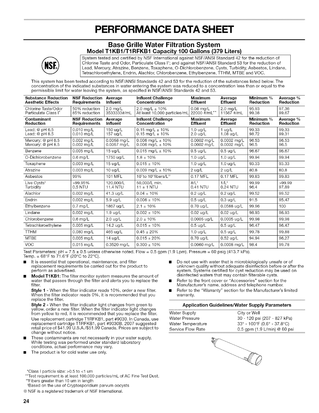 Kenmore 10656836603, 106.57022601, 10656834603 Performance Data Sheet, Model TIKB1/TIRFKB1 Capacity 100 Gallons 379 Liters 