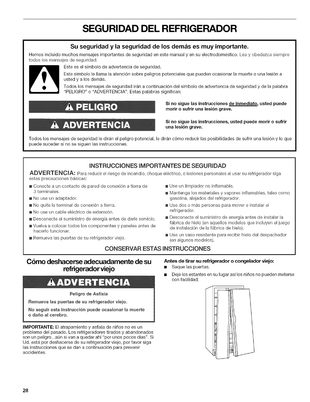 Kenmore 10656824603, 106.57022601 manual Seguridad DEL Refrigerador, Antes de tirar su refrigerador o congelador viejo 