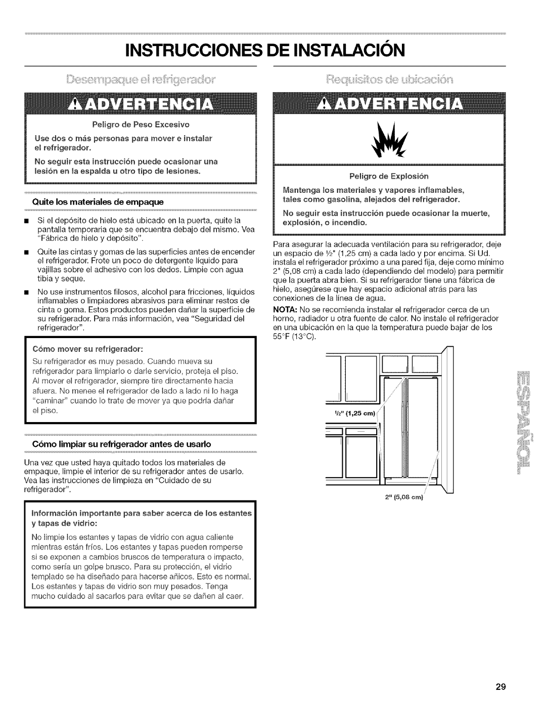 Kenmore 10656834601, 106.57022601, 10656834603, 10656832603 manual Peligro de Peso E×cesivo, Quite los materiales de empaque 