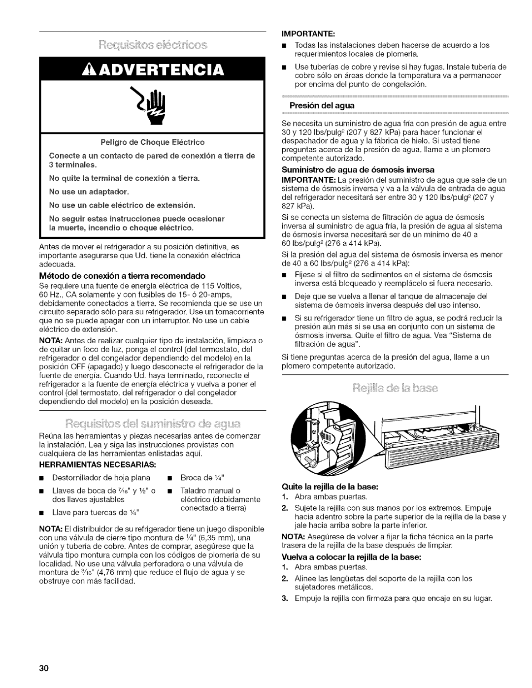 Kenmore 10657076601 manual Mtodo de conexibn a tierra recomendado, Presibn del agua, Suministro de agua de 6smosis inversa 