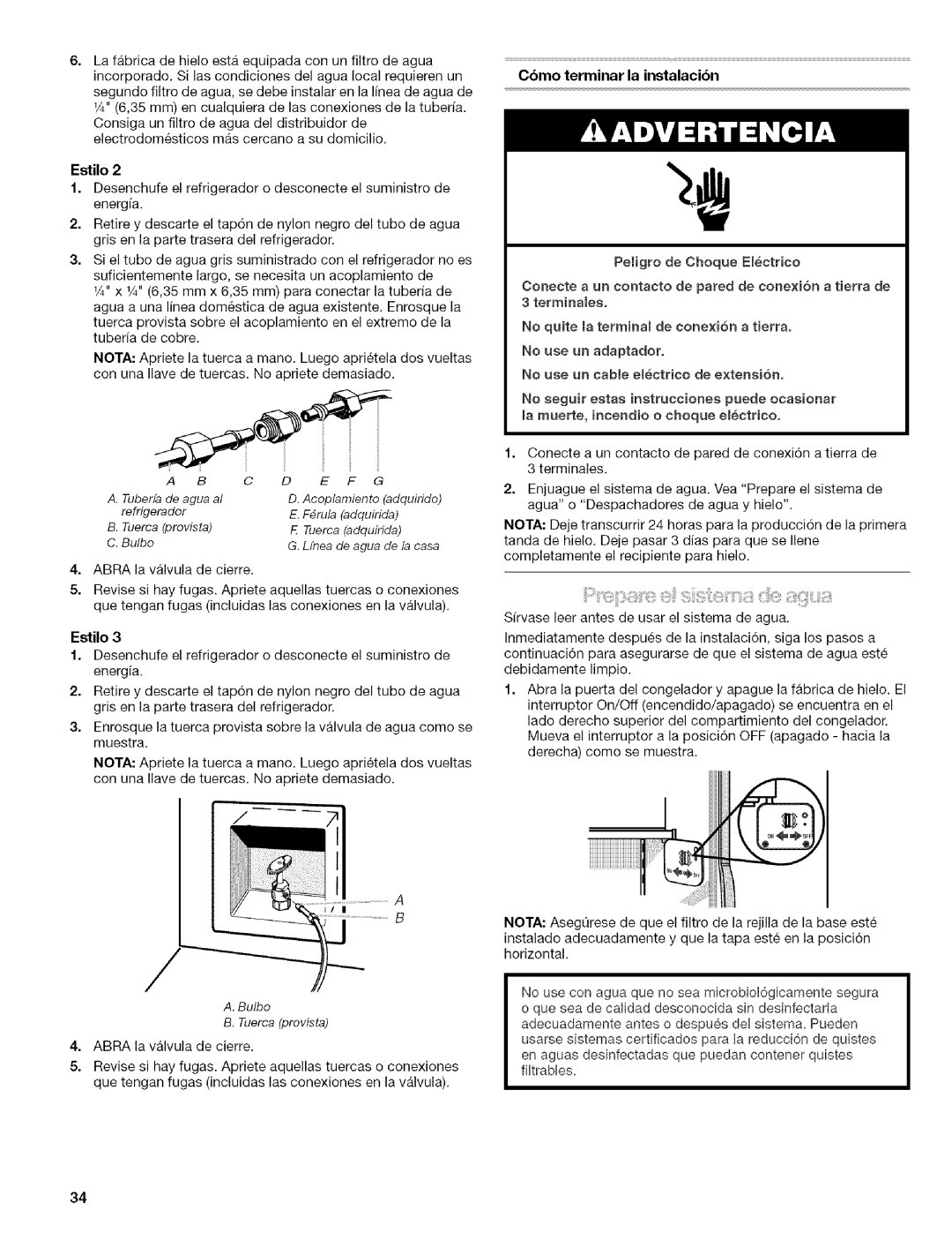 Kenmore 10656832603, 106.57022601, 10656834603 manual Tuberfade agua al, Bulbo Tuerca provista, Cbmo terminar la instalacibn 