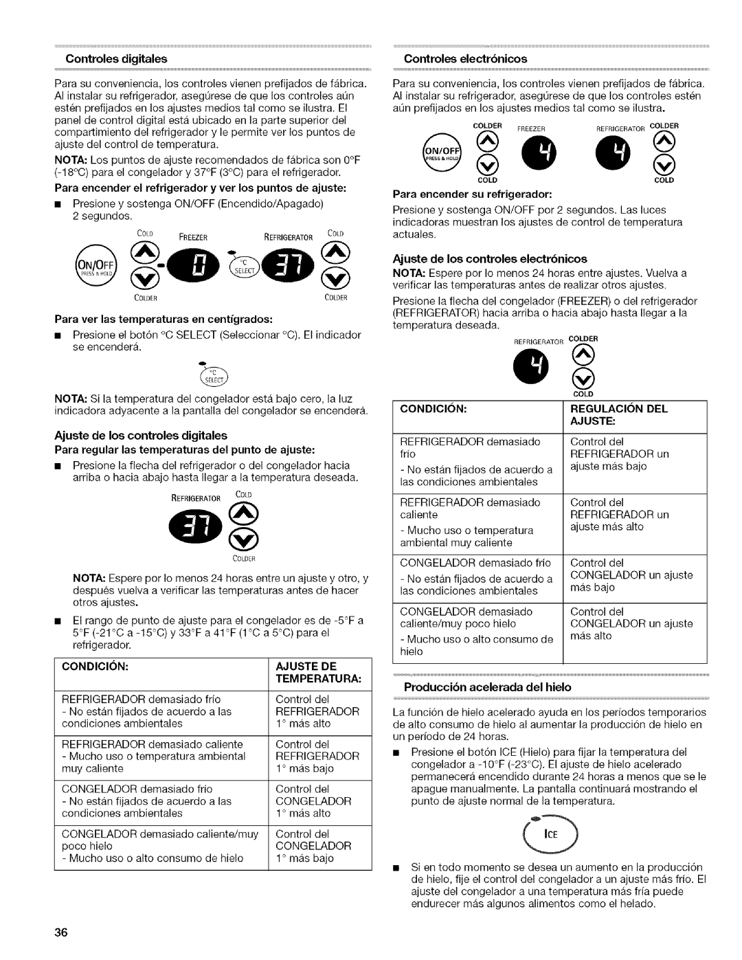 Kenmore 10656866601, 106.57022601, 10656834603 manual Condicion Ajuste DE TEM PE Ratu RA, Condicion Regulacion DEL Ajuste 