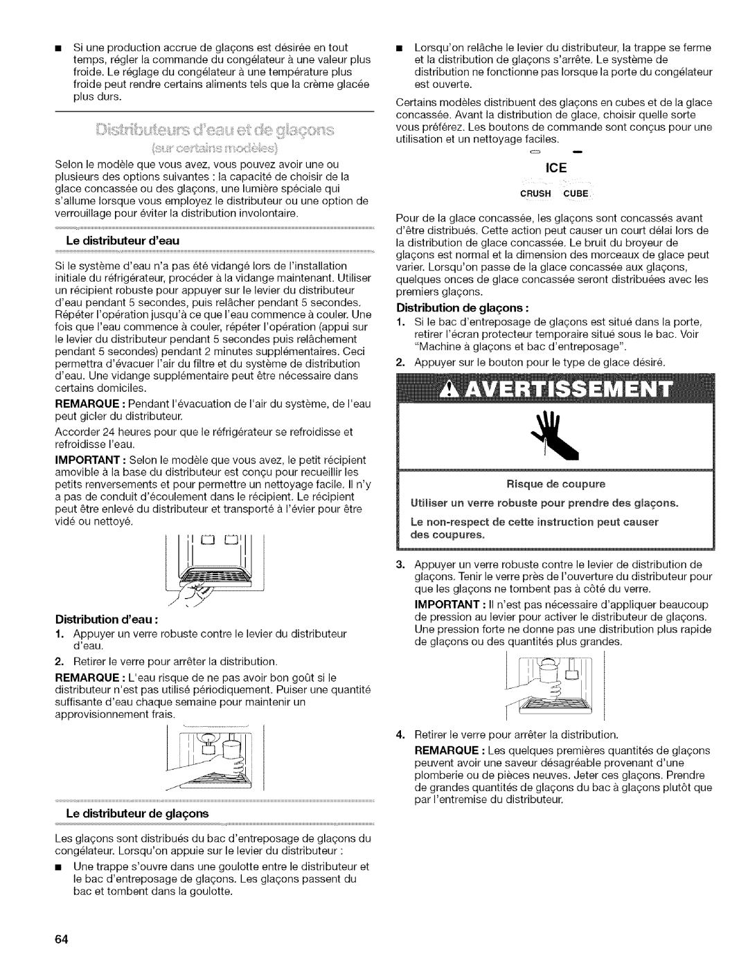 Kenmore 106.57022601 manual Le distributeur deau, Distribution deau, Le distributeur de glaqons, Distribution de glaons 