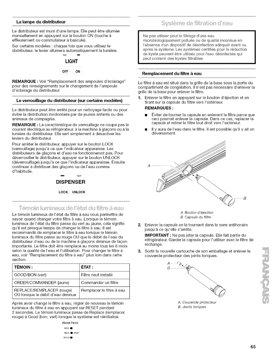 Kenmore 10656834603 La lampe du distributeur, Le verrouillage du distributeur sur certains modules, Timoin Itat, Remarques 