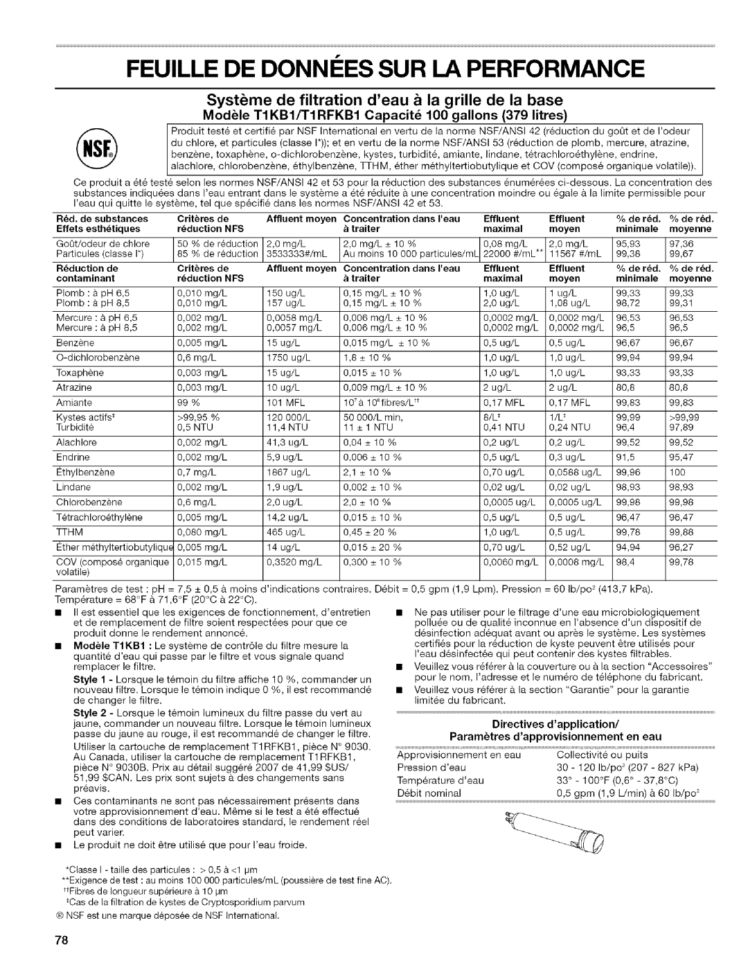 Kenmore 10657076601 manual Feuille DE Donni ES SUR LA Performance, ModUle TIKB1/TIRFKB1 Capacit 100 gallons 379 litres 