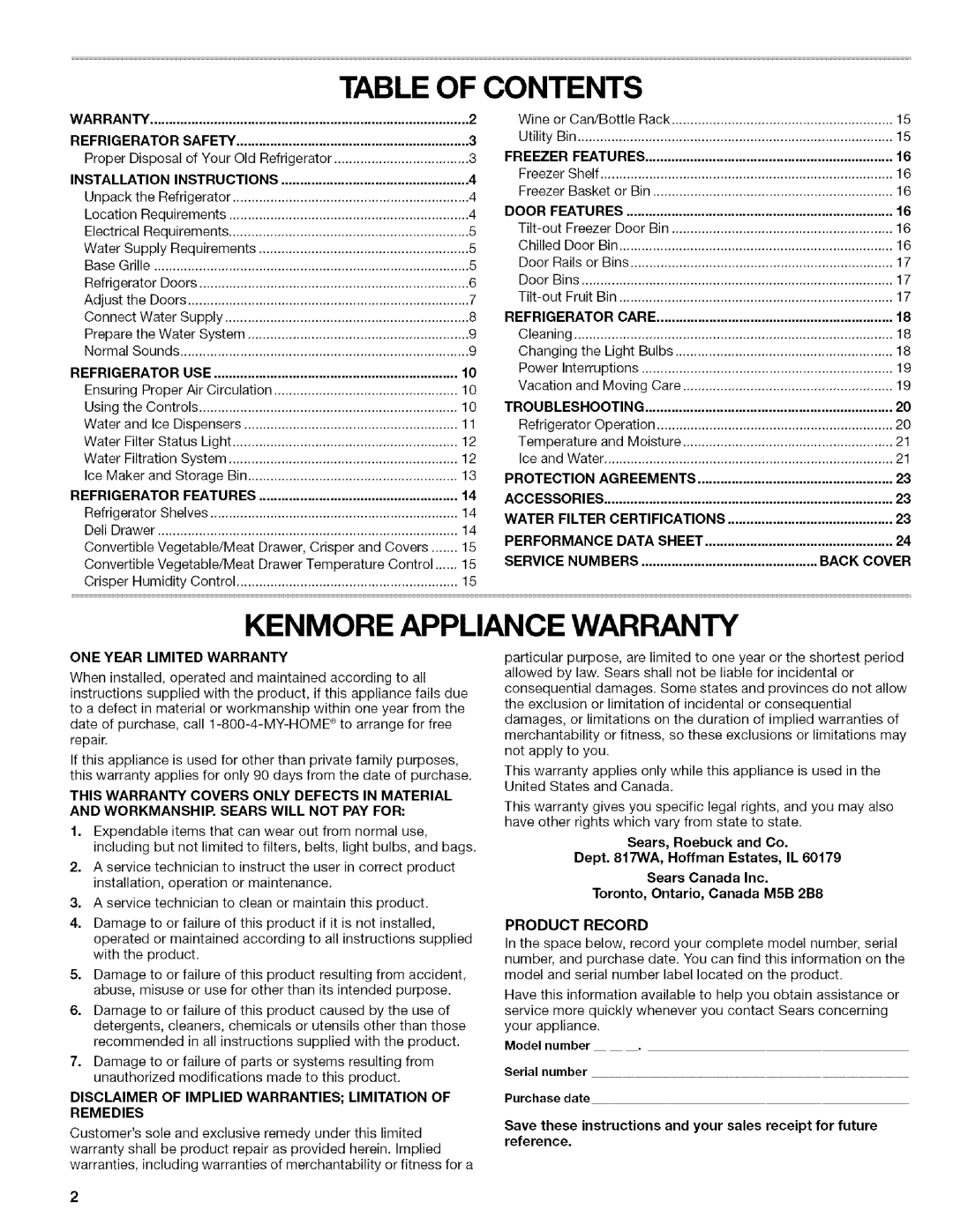 Kenmore 10656832603 manual Table Of Contents, Kenmore Appliance Warranty, Refrigerator, Freezer, Features, Model number 