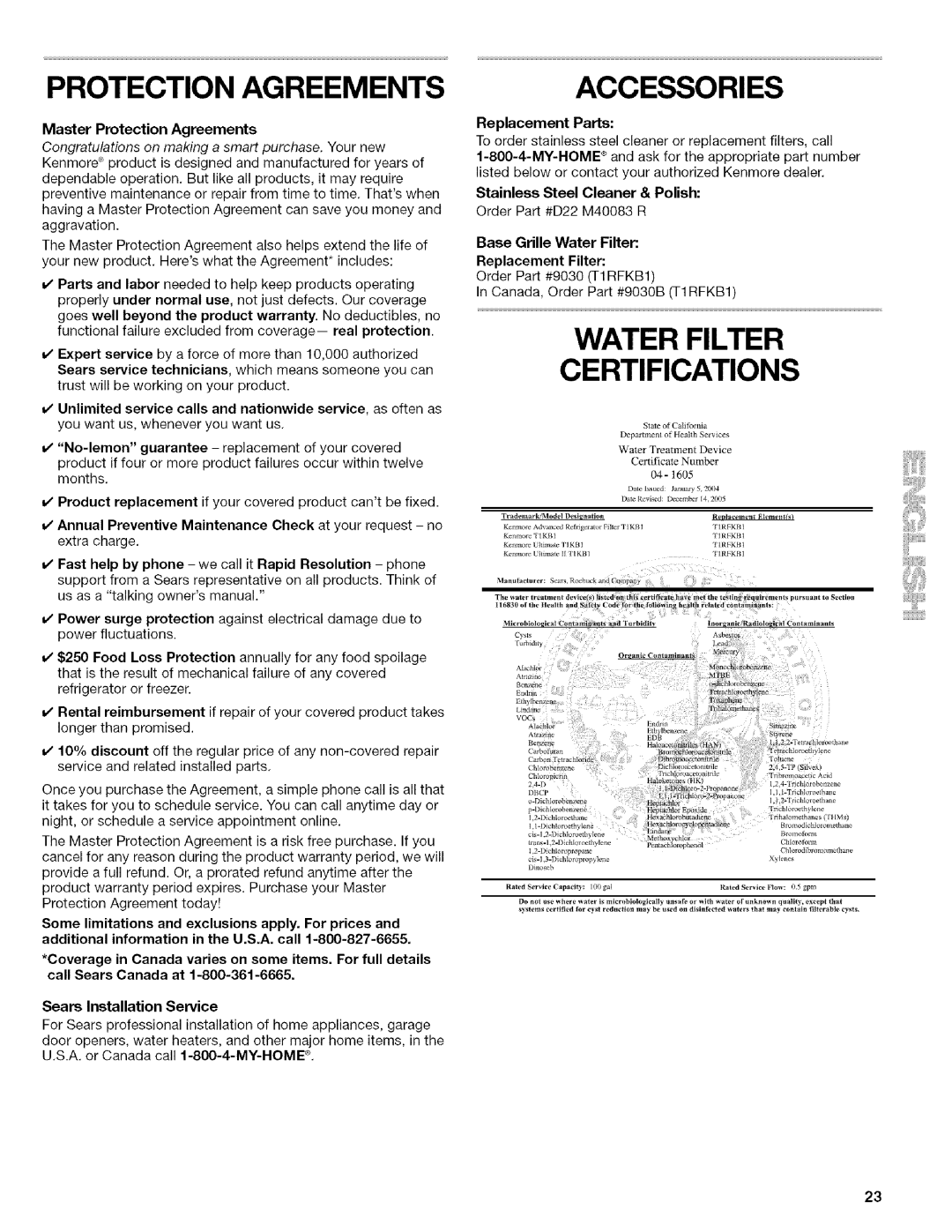 Kenmore 10657072601 manual Water Filter, Certifications, Accessories, Master Protection Agreements, Replacement Parts 