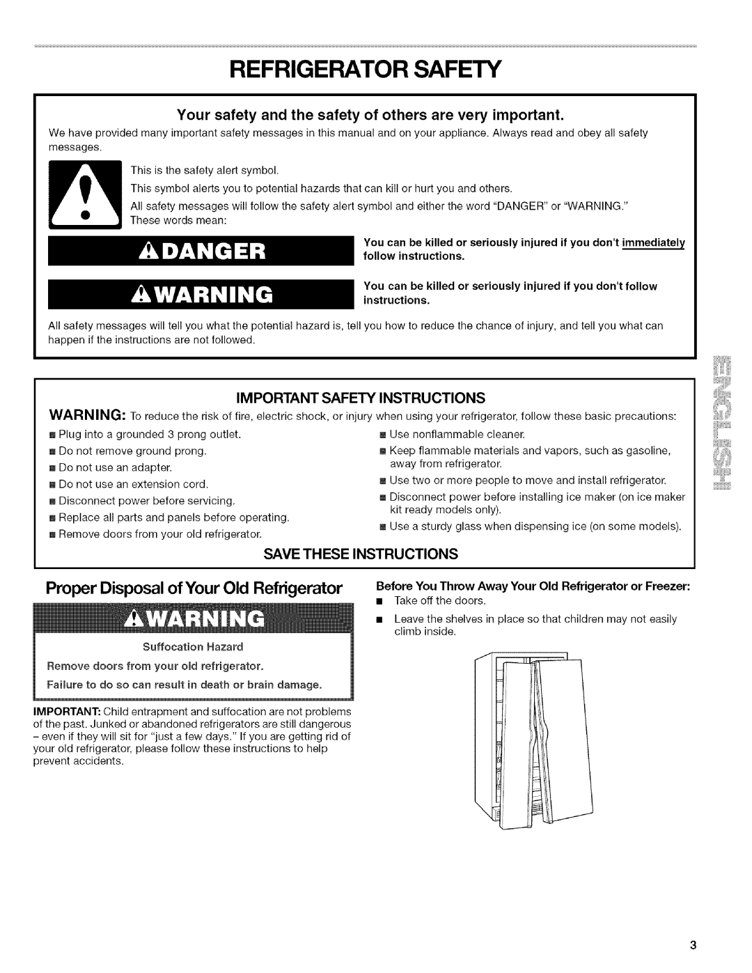 Kenmore 10656863601 manual Refrigerator Safety, Proper Disposal of Your Old Refrigerator, Important Safety, Instructions 