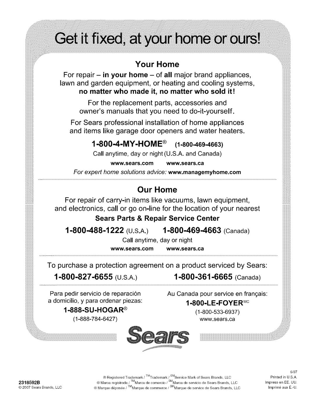 Kenmore 106.57022601 in your, home, made, it, no matter, sold, that you, Sears, Parts, Repair Service, Center, My-Home 