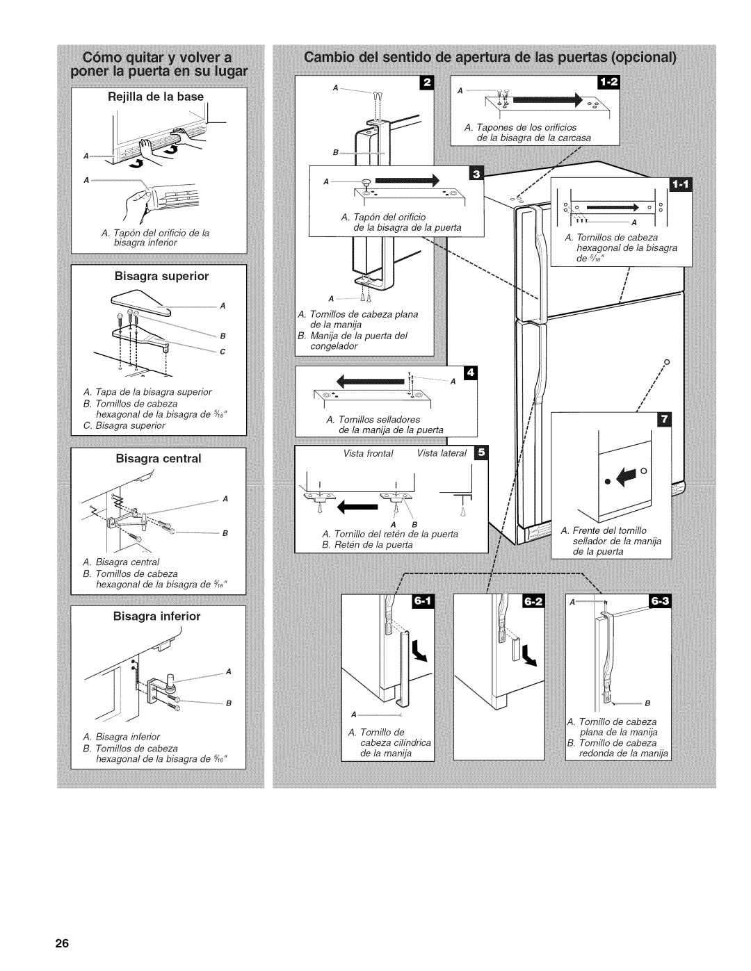 Kenmore TOP-MOUNT REFRIGERATOR, 106.602389, 70238900 Rejillade Jabase, Bisagra inferior, Bisagra superior, Bisagra central 