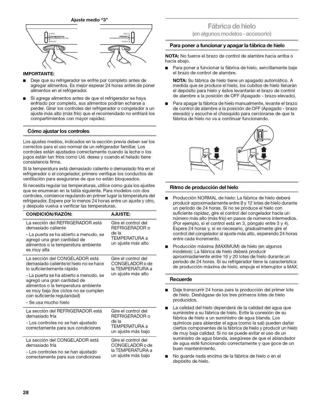 Kenmore 106.602389, 70238900 manual Para poner a funcionar y apagar la fbrica de hielo, Recuerde, CONDICION/RAZ6N, Ajuste 