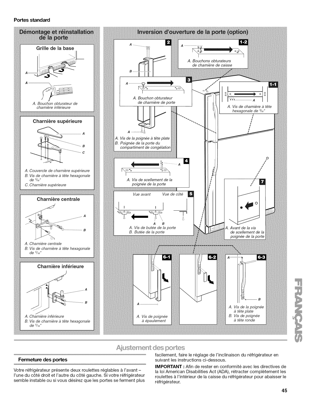 Kenmore 70238900, 106.602389, TOP-MOUNT REFRIGERATOR, 103.311849 manual Portesstandard, Charnire suprieure, Charnire infrieure 