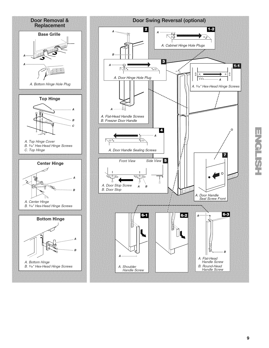 Kenmore 70238900, 106.602389, TOP-MOUNT REFRIGERATOR, 103.311849 manual Top Hinge, Center Hinge, Bottom Hinge 