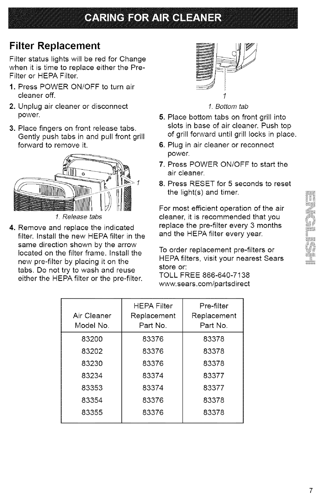 Kenmore 106.83202 owner manual Filter Replacement, Hepa 