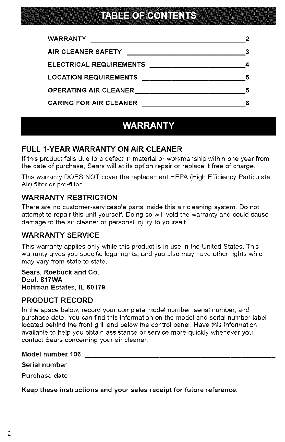 Kenmore 106.83202 owner manual Warranty 