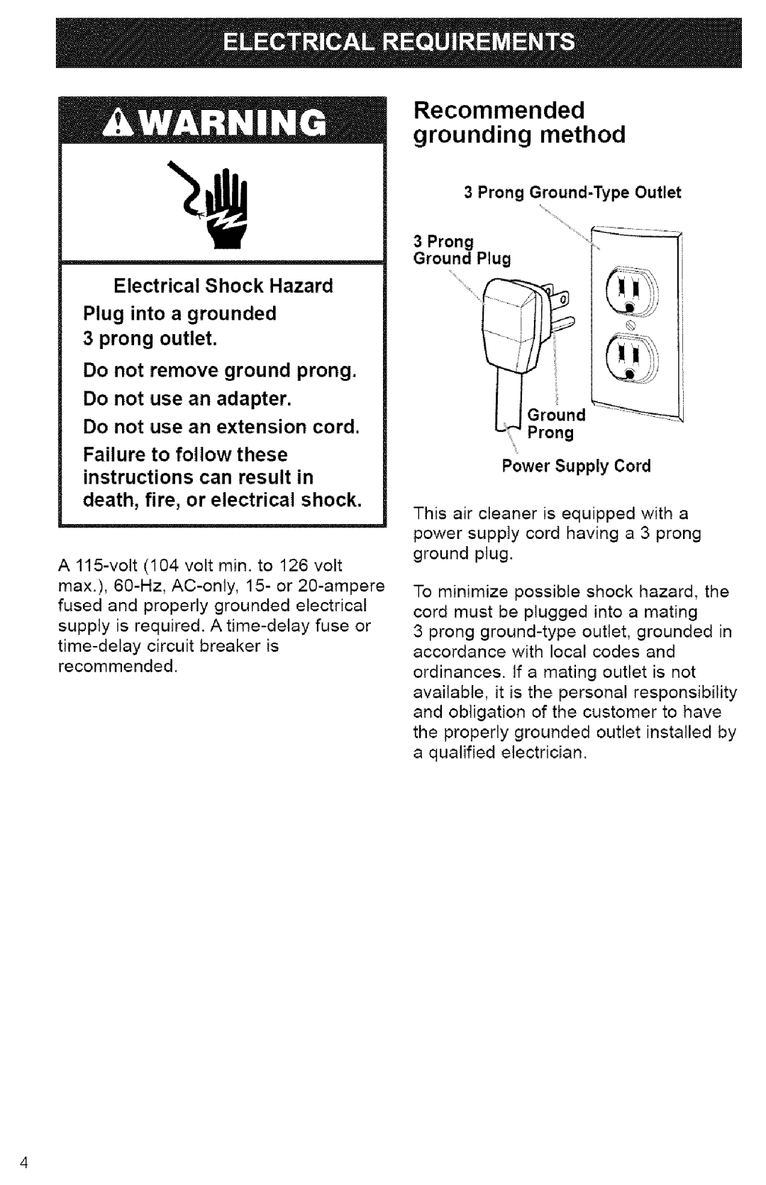 Kenmore 106.832 Recommended grounding method, Electrical Shock Hazard, Plug into a grounded 3 prong outlet, Ground Prong 