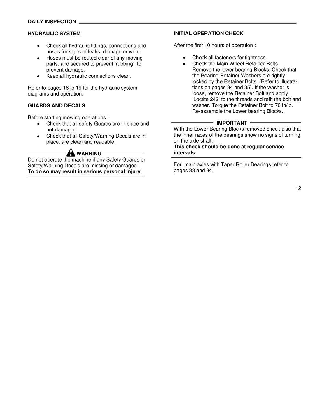 Kenmore 11, 5, 7, 3, 9 Daily Inspection Hydraulic System, Guards and Decals, To do so may result in serious personal injury 