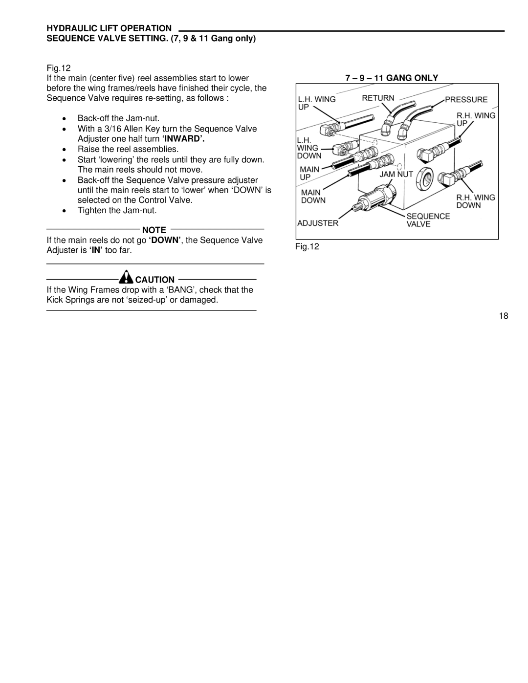 Kenmore 5, 7, 3 manual Hydraulic Lift Operation, Sequence Valve Setting , 9 & 11 Gang only 