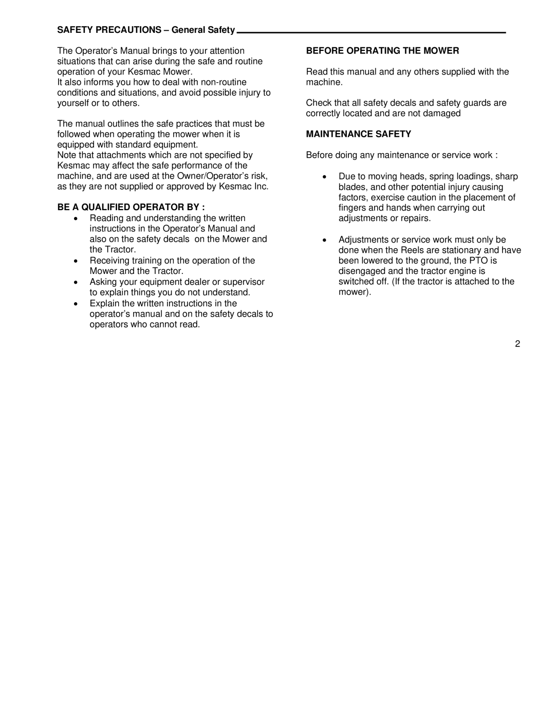 Kenmore 11 Safety Precautions General Safety, Be a Qualified Operator by, Before Operating the Mower, Maintenance Safety 