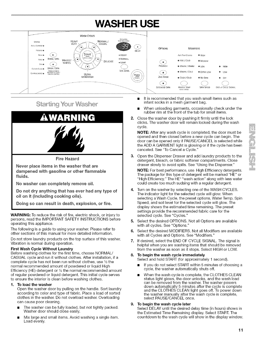 Kenmore 110 manual Washer USE, Fire Hazard 