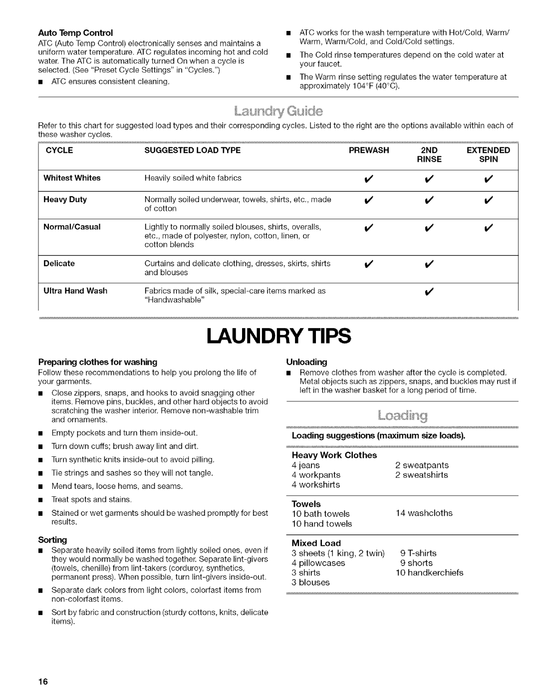 Kenmore 110 manual Laundry Tips, Loading suggestions maximum size loads Heavy Work Clothes, Load Type Prewash, Extended 