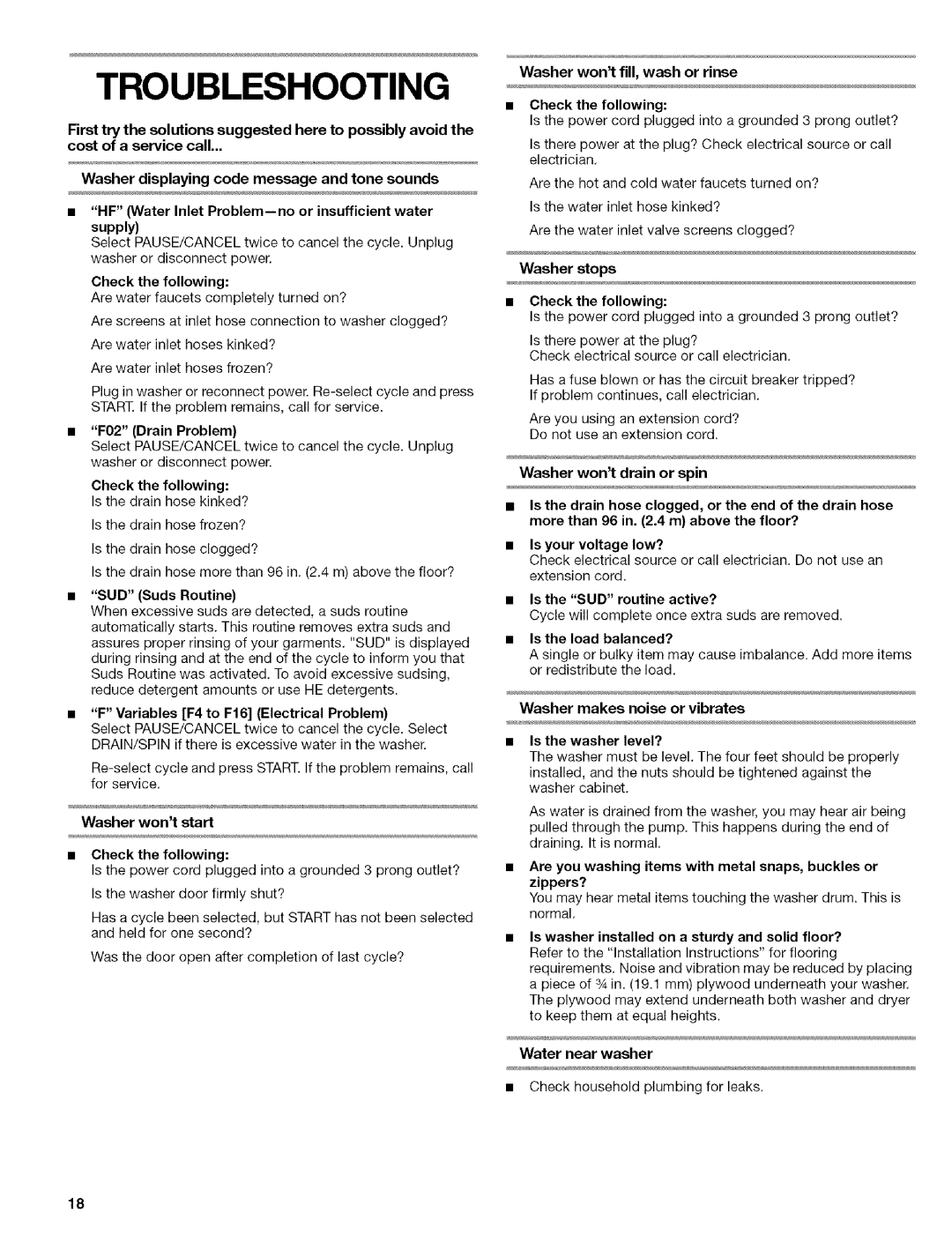 Kenmore 110 manual Troubleshooting, Washer wontstart, Washer makes noise or vibrates 