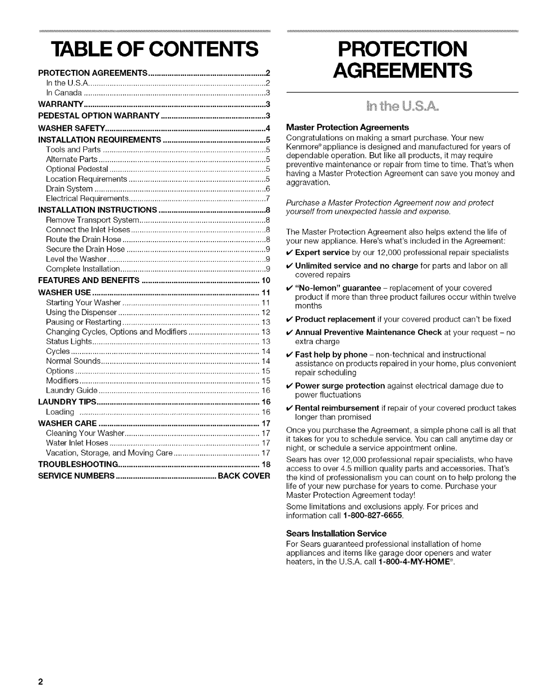 Kenmore 110 manual Table of Contents, Protection Agreements 