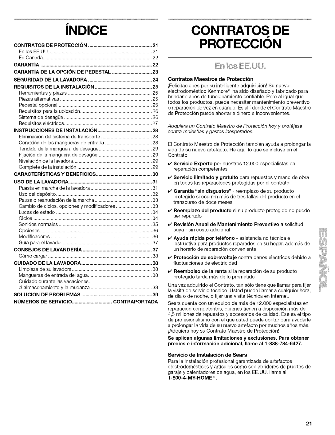 Kenmore 110 manual Consejos, Cuidado, Solucion, Nomeros DE Servicio Contraportada, Contratos Maestros de Proteccibn 