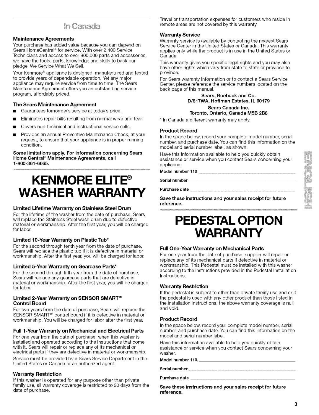 Kenmore 110 manual Kenmore Elite Washer Warranty 