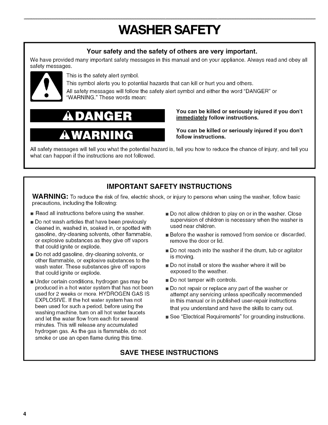 Kenmore 110 manual Washer Safety, Your safety and the safety of others are very important 