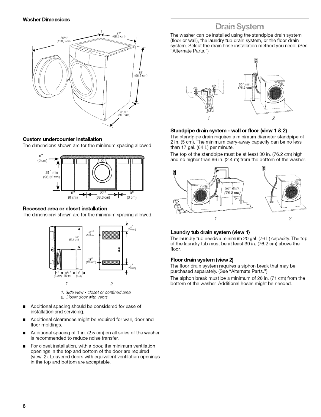 Kenmore 110 manual Washer Dimensions, Custom undercounter installation, Recessed area or closet installation 