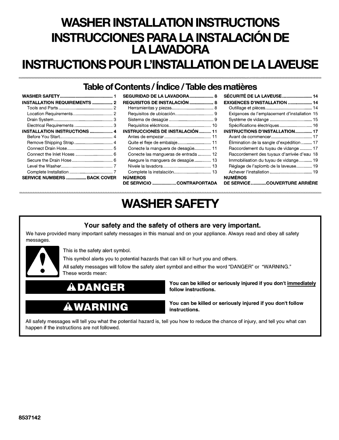 Kenmore 11024892300, 11016924500 installation instructions Washer Safety, Table of Contents/ndice /Table des matibres 