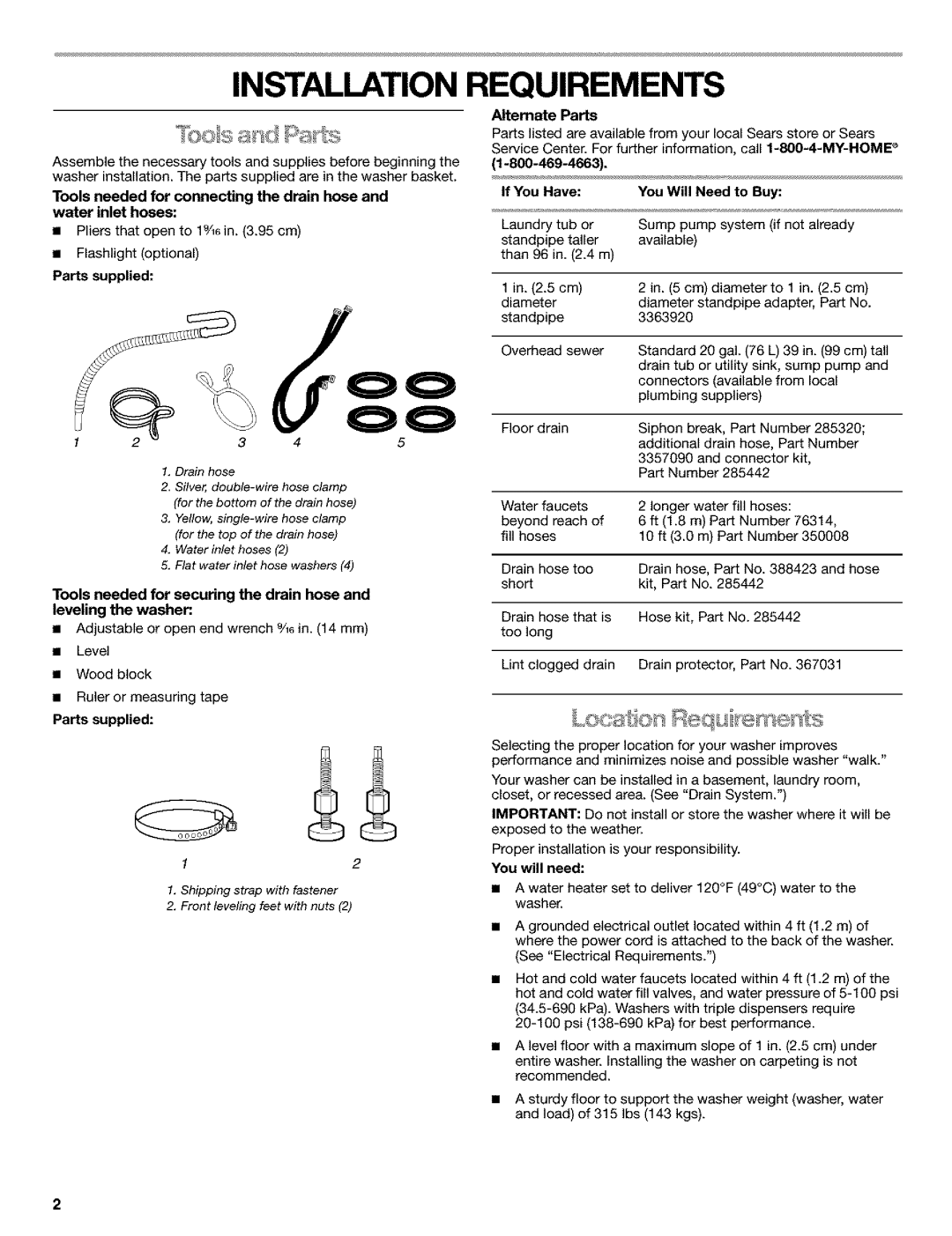 Kenmore 11026852500 Installation Requirements, Parts supplied, Alternate Parts, If You Have You Will Need to Buy 