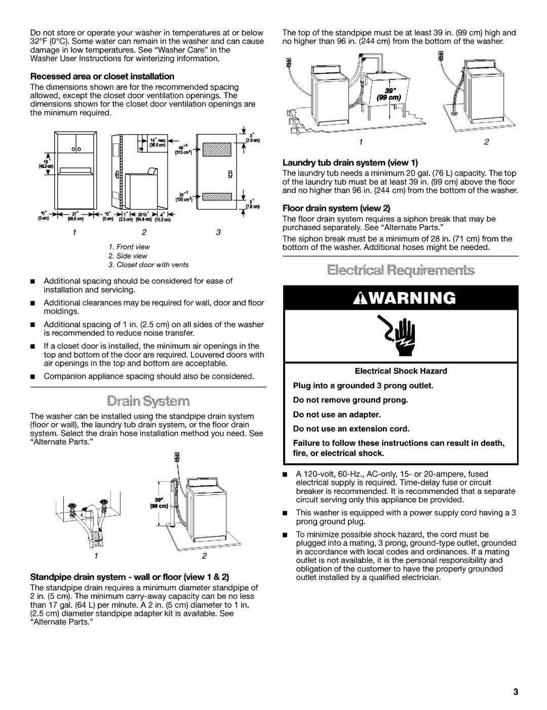 Kenmore 11022632100 Recessed area or closet installation, Laundry tub drain system view, Floor drain system view 