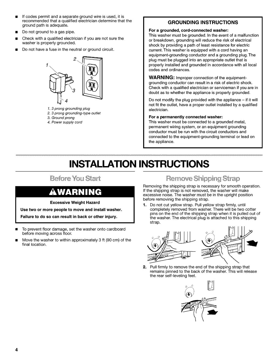 Kenmore 11016852500 Installation Instructions, For a grounded, cord-connected washer, For a permanently connected washer 