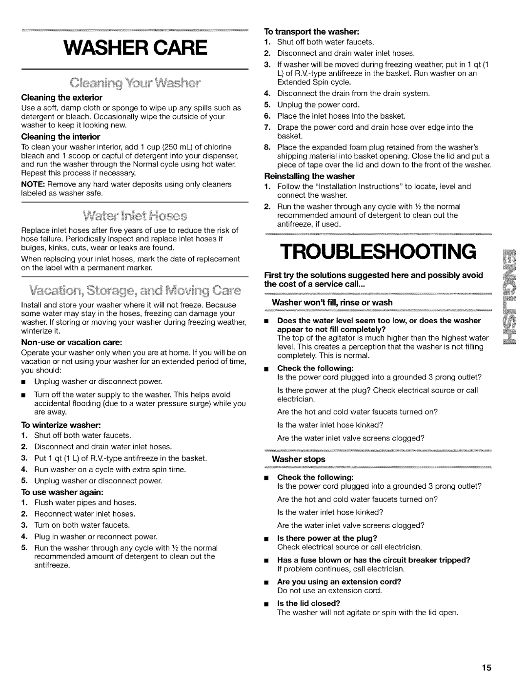 Kenmore 110.24975 manual Washer Care, Troubleshooting 