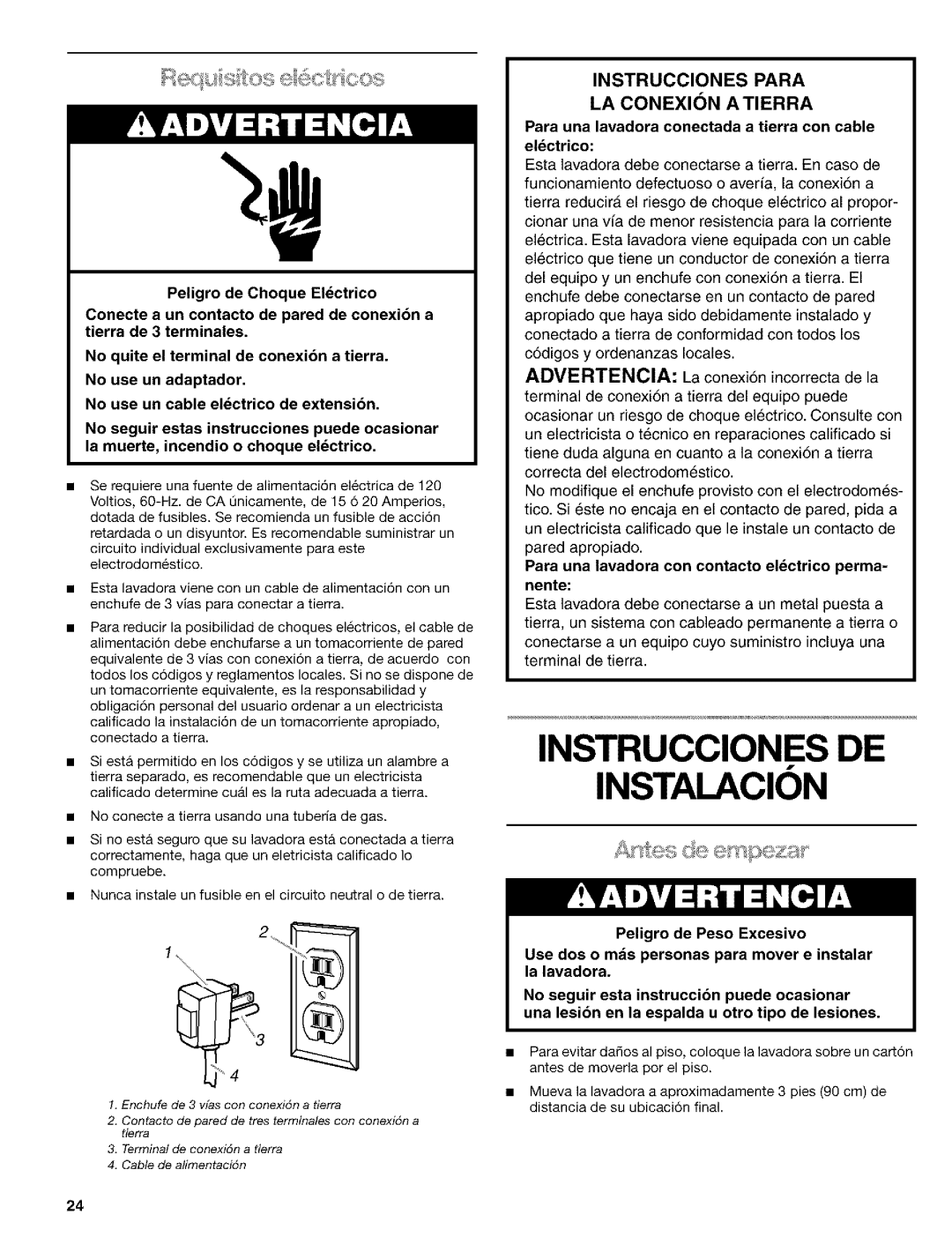 Kenmore 110.24975 manual Instrucciones DE Instalacion, Para una lavadora conectada a tierra con cable Elctrico 