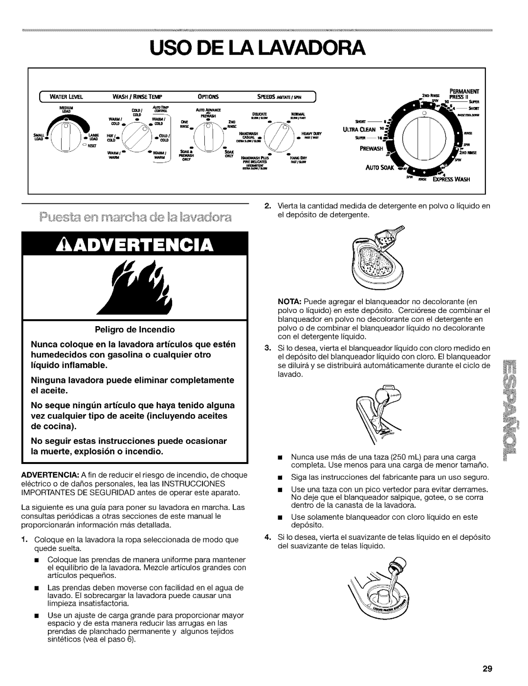 Kenmore 110.24975 manual USO DE LA Lavadora, Peligro de Incendio 