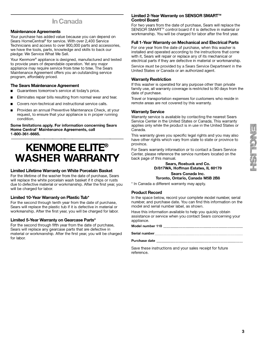 Kenmore 110.24975 Maintenance Agreements, Sears Maintenance Agreement, Limited Lifetime Warranty on White Porcelain Basket 