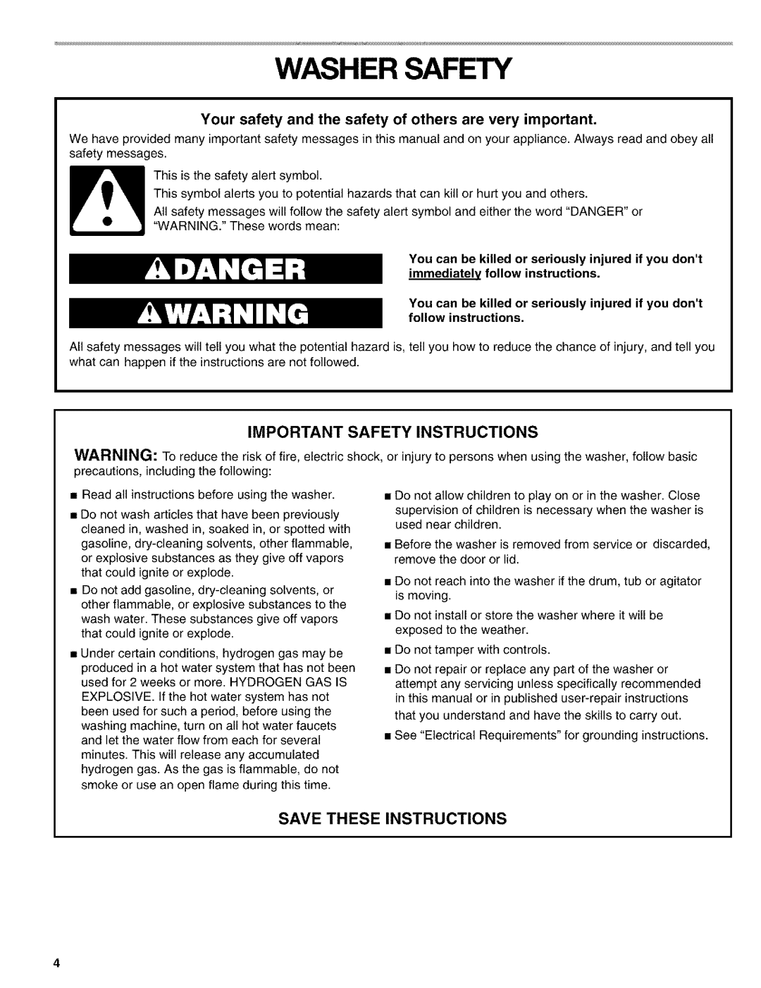 Kenmore 110.24975 manual Washer Safety, Your safety and the safety of others are very important 