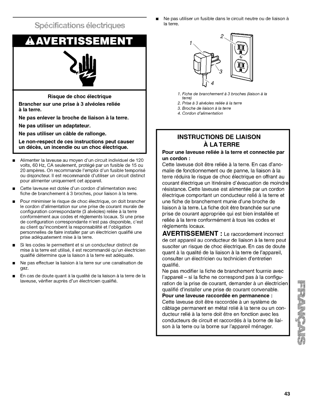 Kenmore 110.24975 Pour une laveuse relide & la terre et connecte par un cordon, Pour une laveuse raccordde en permanence 