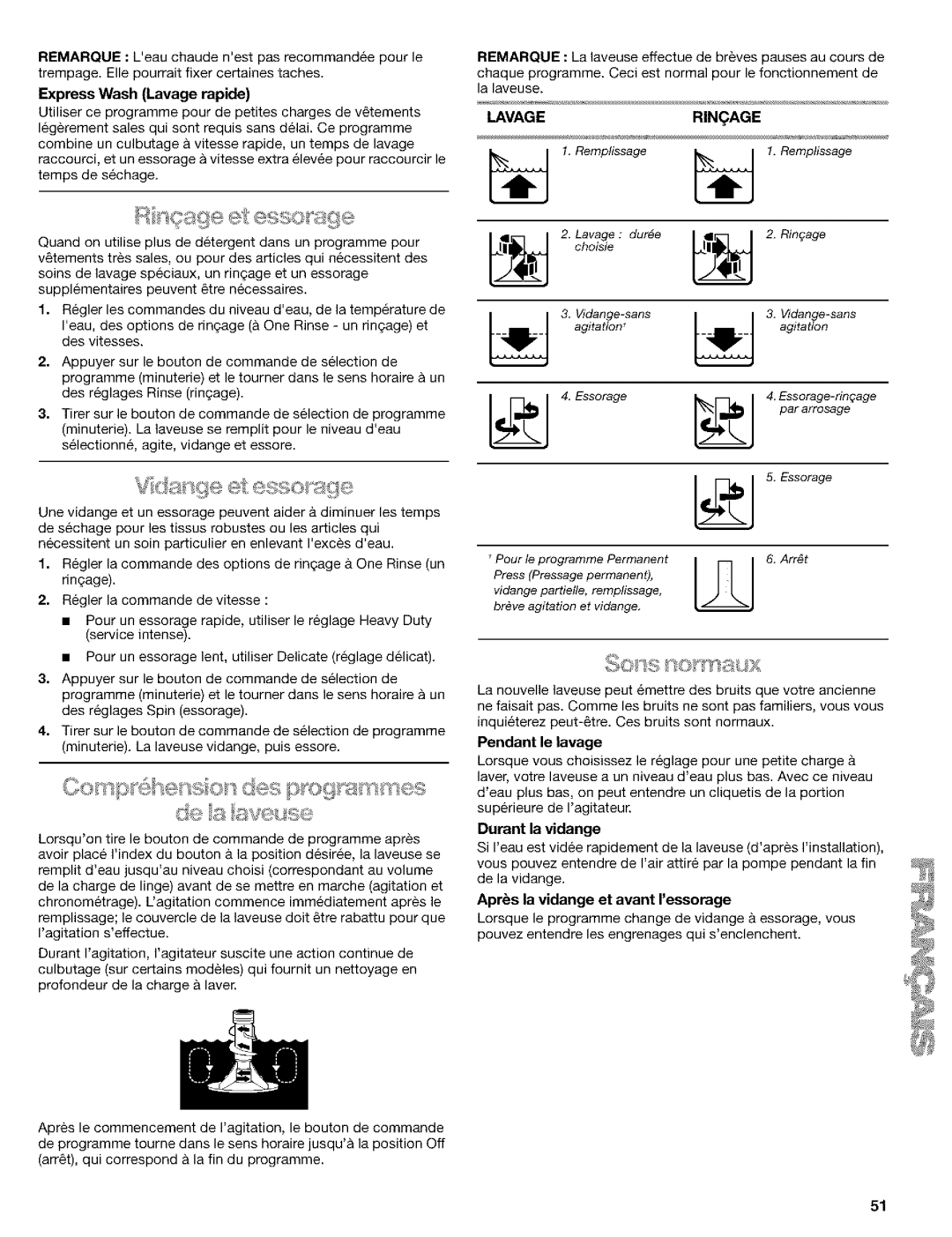 Kenmore 110.24975 manual Lavagerinage, Pendant le lavage, Durent la vidange, Aprs la vidange et avant ressorege 