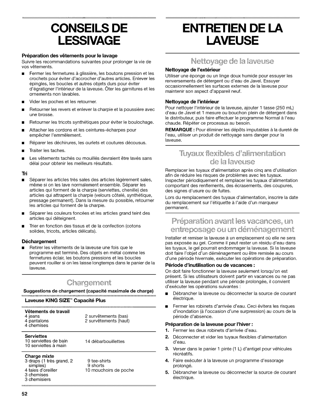 Kenmore 110.24975 manual Conseils DE Lessivage, DE LA Laveuse, Preparation de la laveuse pour Ihiver 