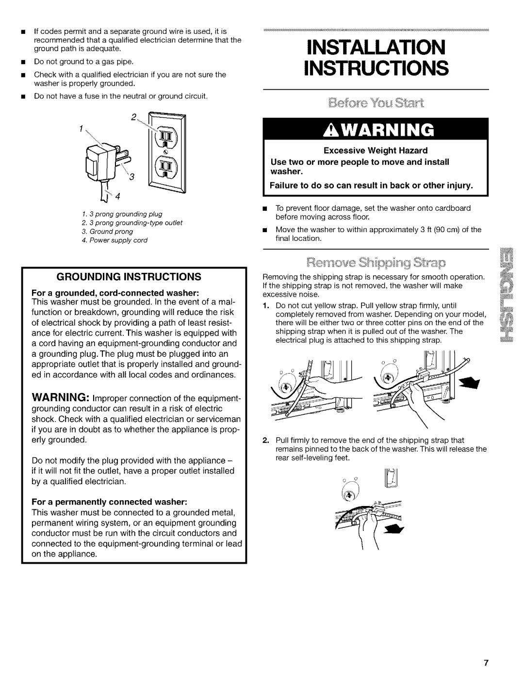 Kenmore 110.24975 Installation Instructions, For a grounded, cord-connected washer, For a permanently connected washer 