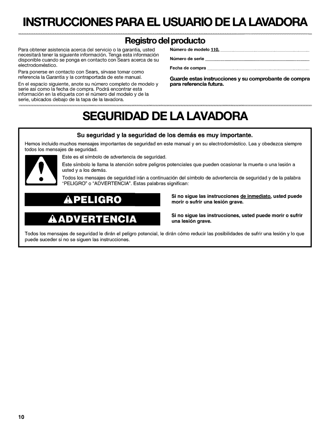 Kenmore 110.25852400 manual Instrucciones Para EL Usuario DE LA Lavadora, Seguridad DE LA Lavadora 