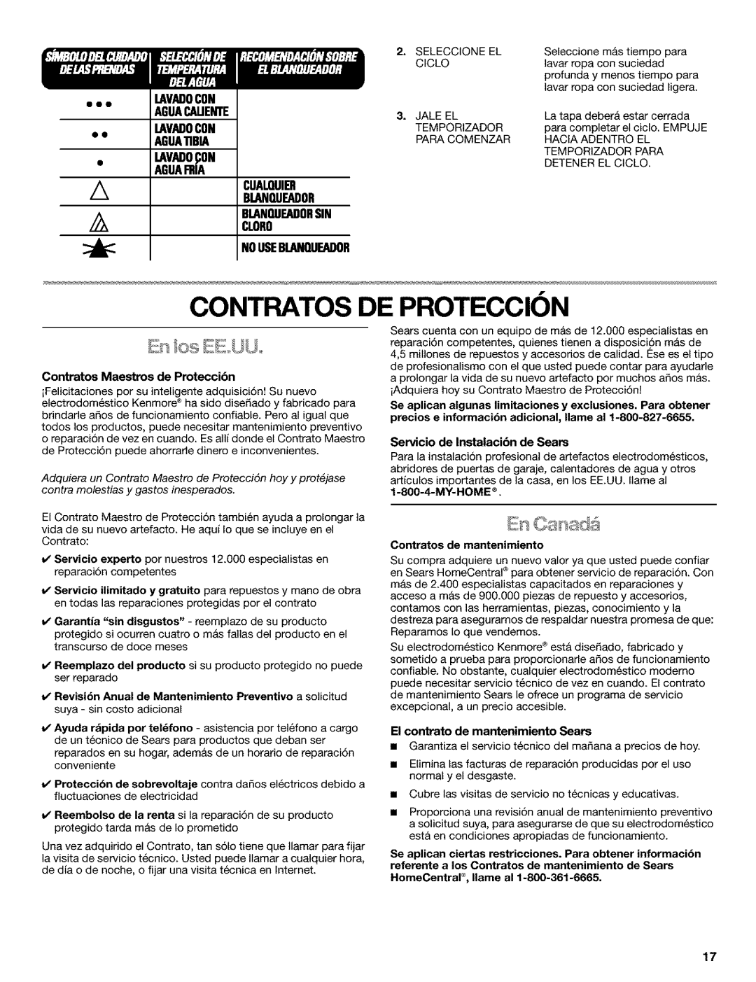 Kenmore 110.25852400 manual Contratos DE Proteccion, AGUAllBIA 