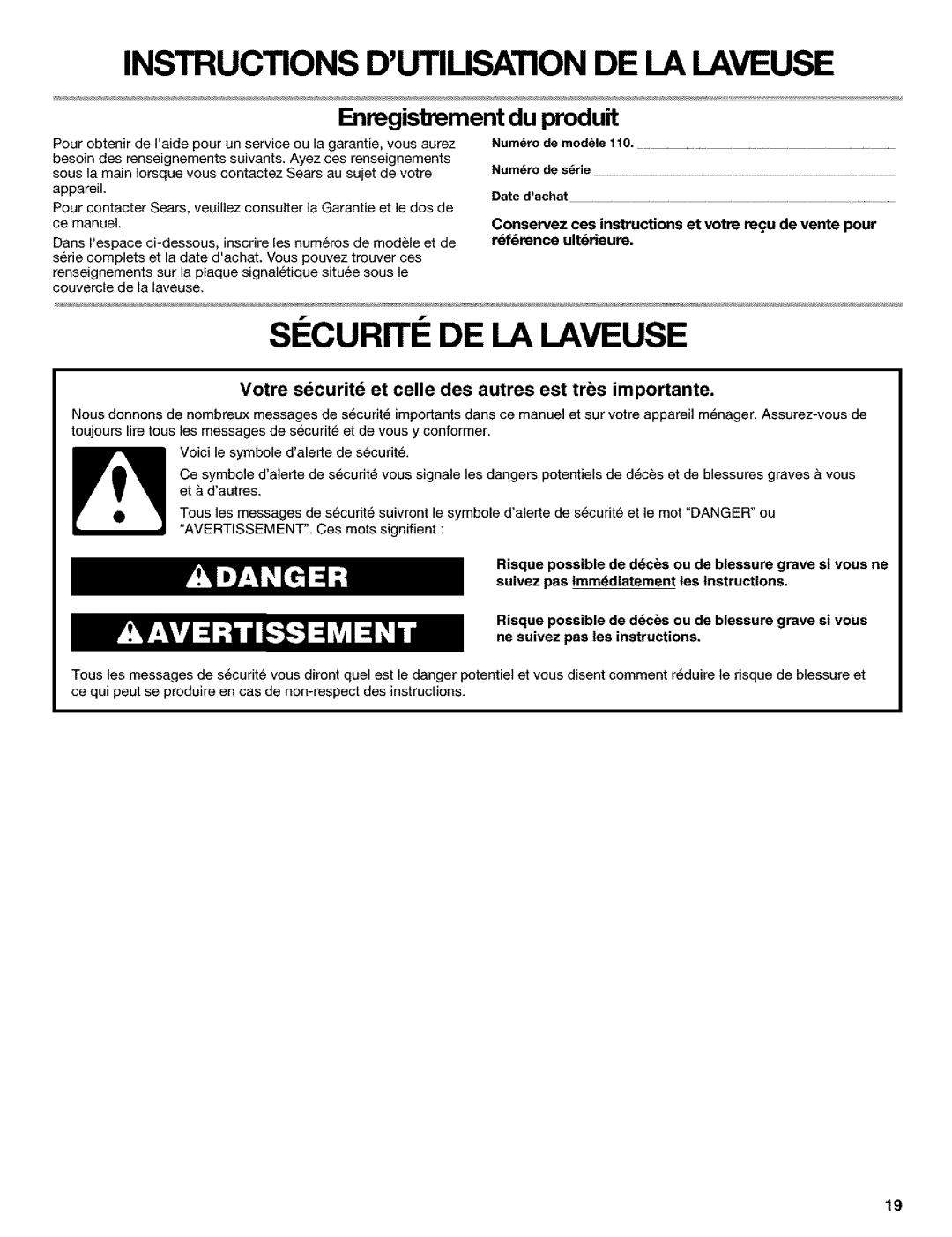 Kenmore 110.25852400 manual Instructions Dutilisationde LA Laveuse, SI!CURITI!DE LA Laveuse 