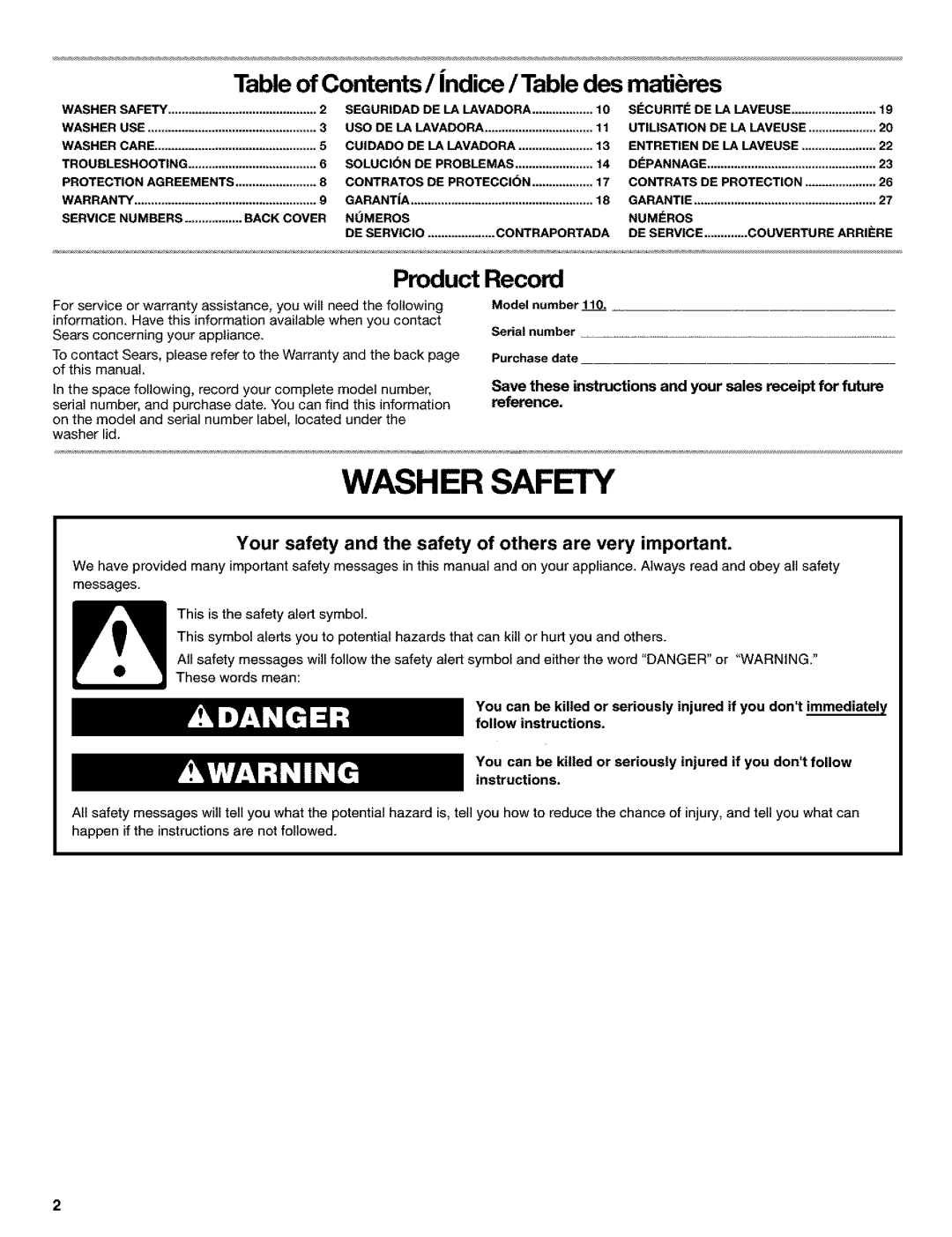 Kenmore 110.25852400 manual Washer Safety, Table of Contents/ndice /Table des matibres 