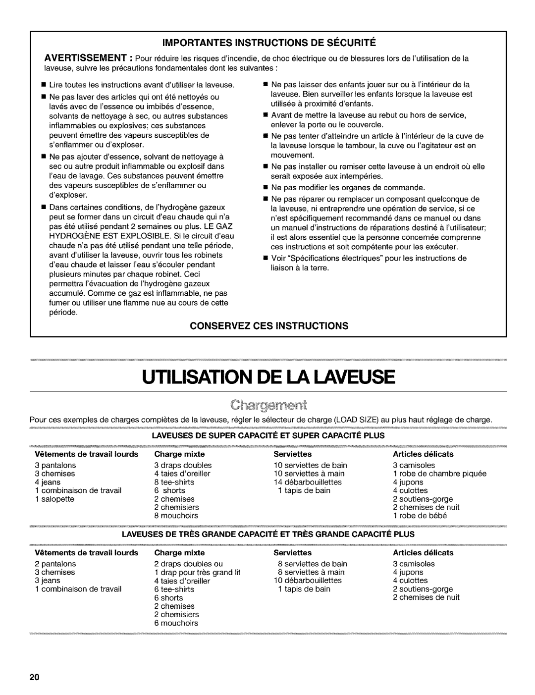 Kenmore 110.25852400 Utilisation DE LA Laveuse, V6tements De travail Iourds, Mixte Serviettes Articles dlicats, Jupons 