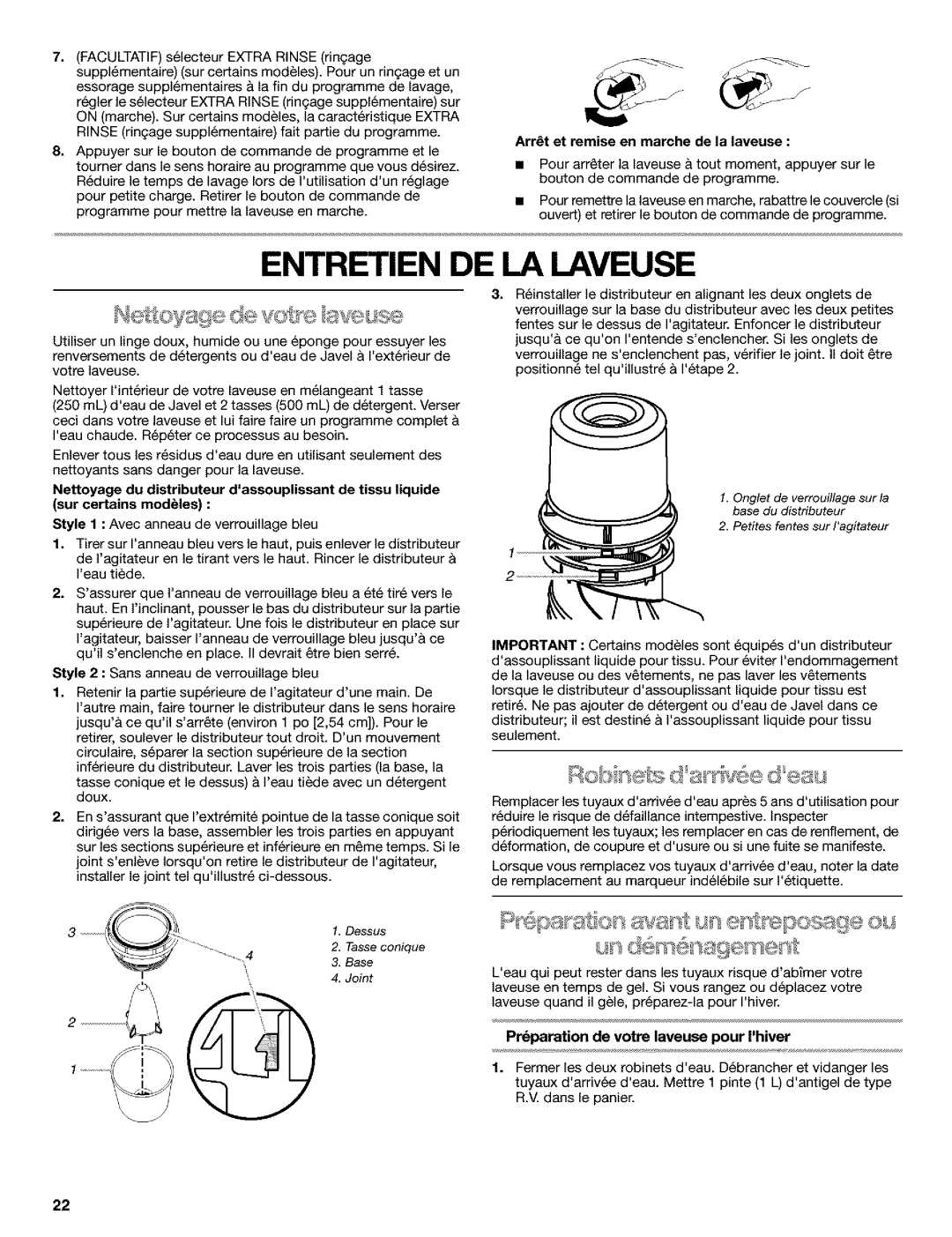 Kenmore 110.25852400 manual Entretien DE LA Laveuse, Arr6t et remise en marche de la laveuse 